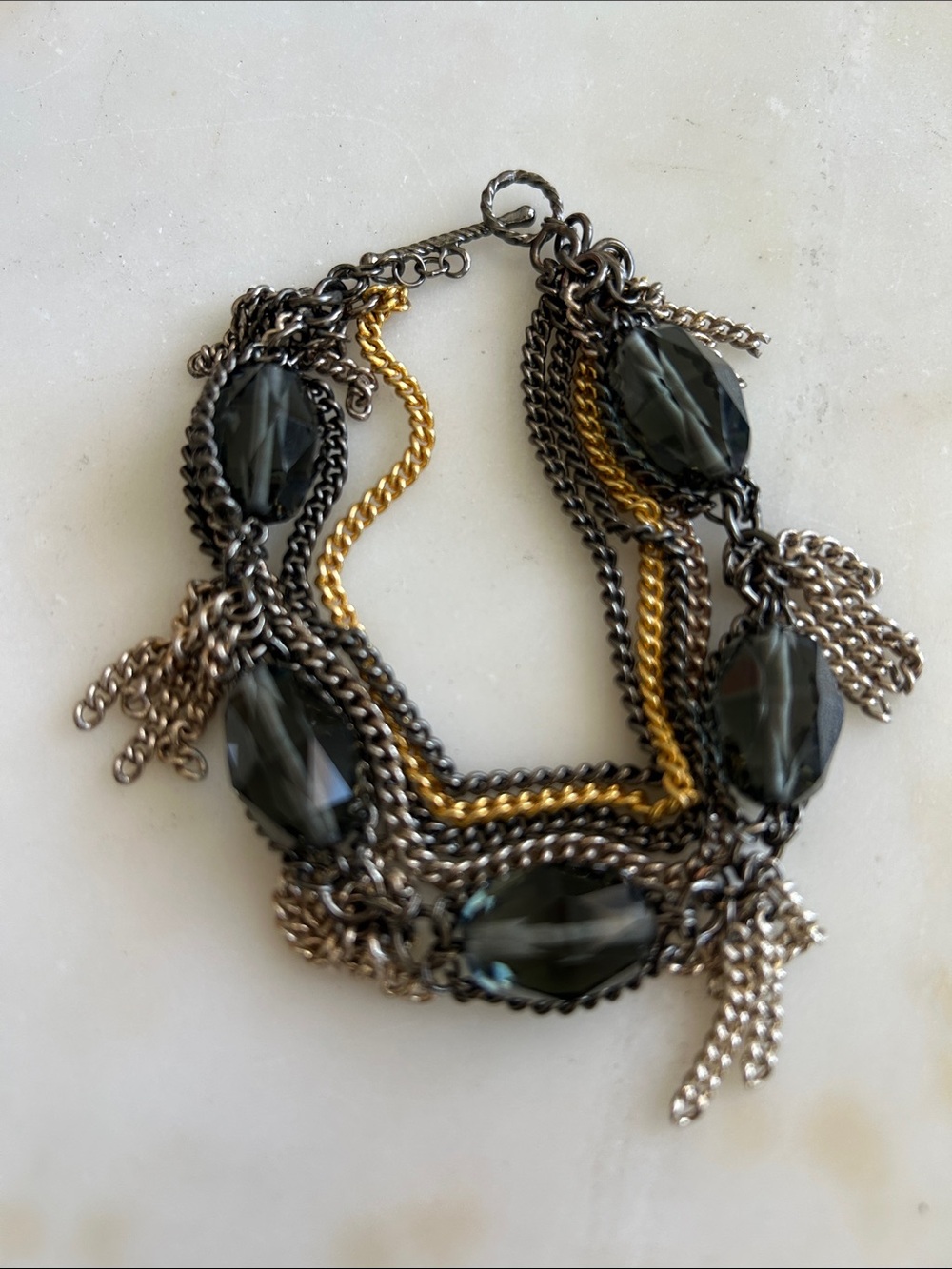 Multi-Chain mixed metal Hematite and Gold-Tone Statement Bracelet